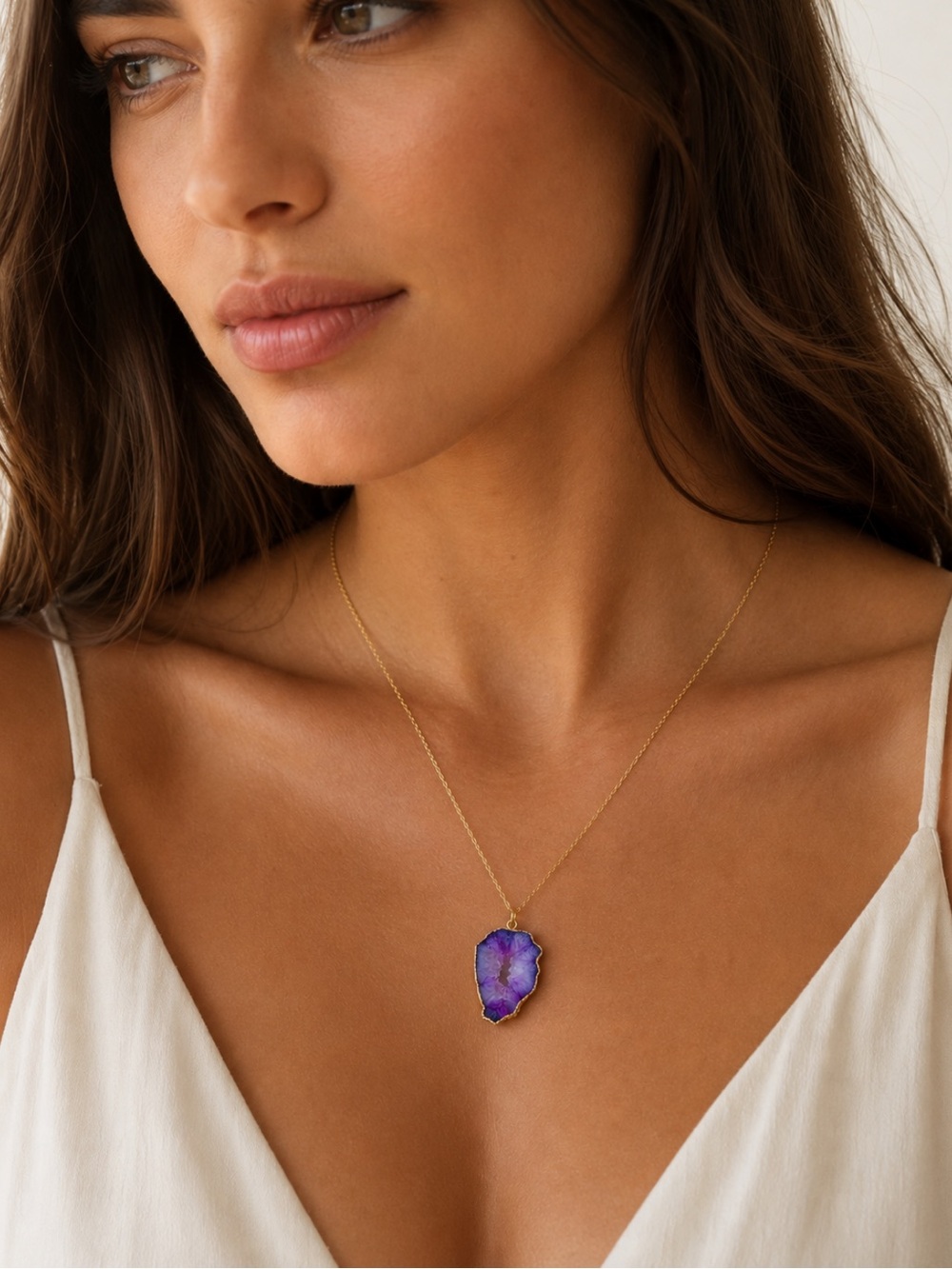 Purple Agate Slice Gold Chain Boho Necklace